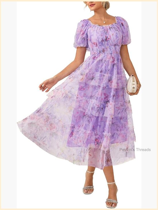 Dresses & Skirts - Floral Puff Sleeve Smocked Midi Dress Square Neck Mesh Flowy